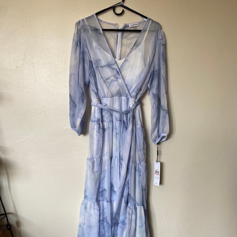 NWT Calvin Klein Light Blue/White Tiered Chiffon Dress with Tie Waist Sz 10